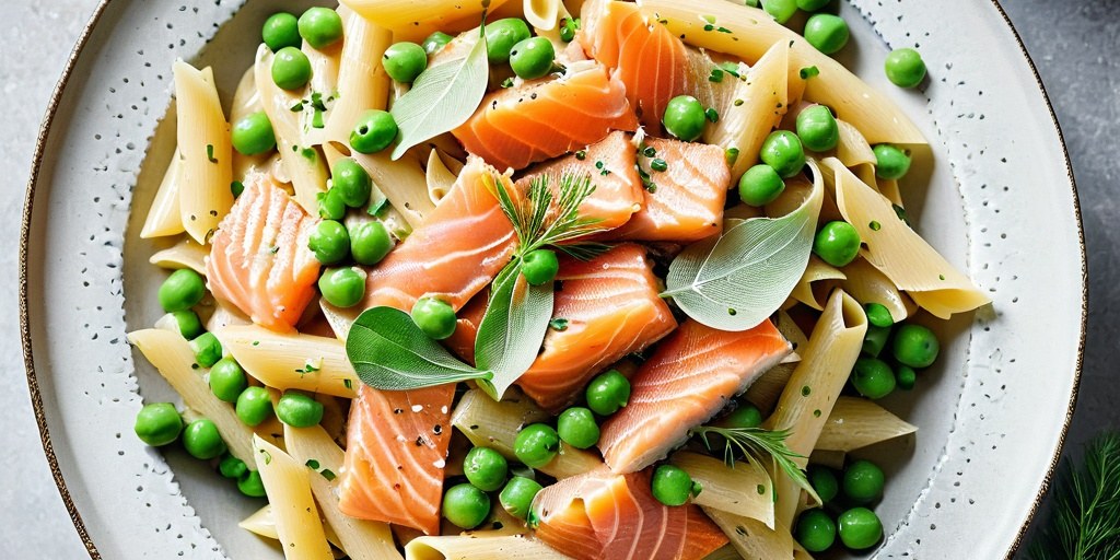 Warm smoked salmon and pea pasta