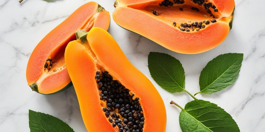 Ripe papaya with lime and mint