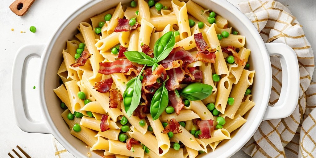 Bacon, pea, and pasta bake