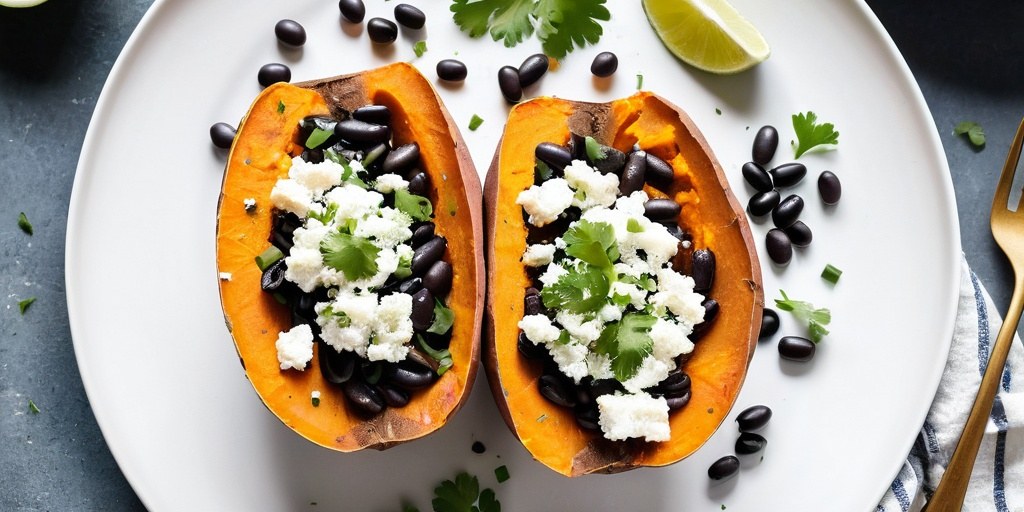 Baked sweet potato with black beans and feta